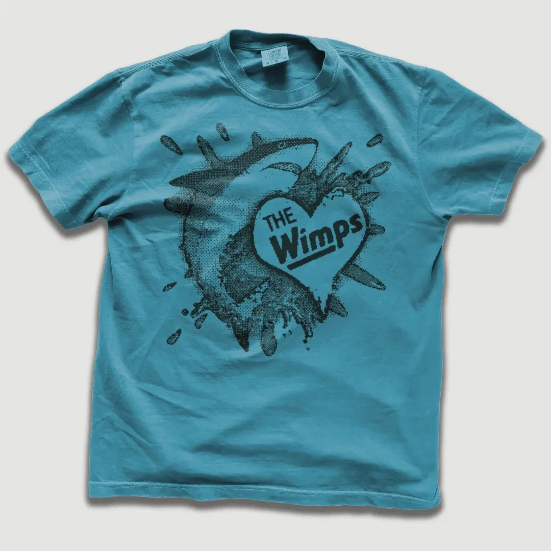 T-shirt with The Wimps shark graphic.