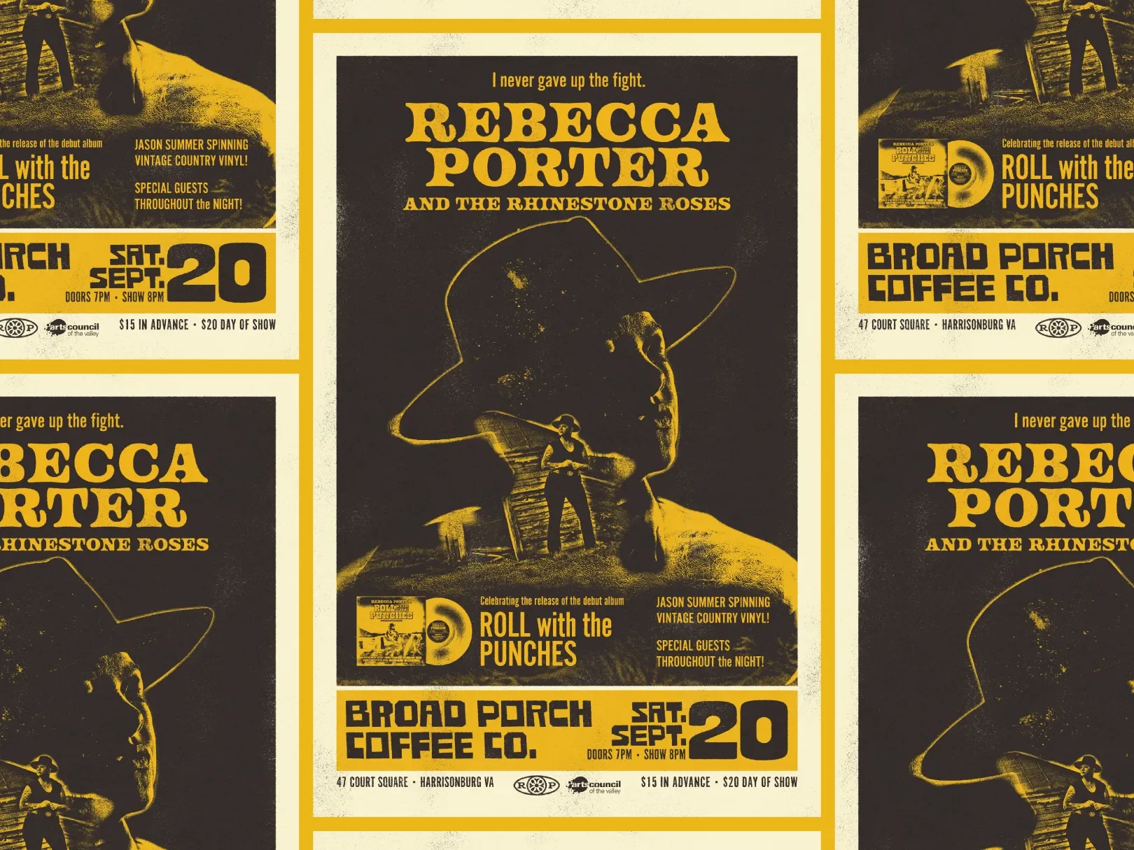 Concert poster for Rebecca Porter and the Rhinestone Roses, featuring a western theme with a woman wearing a large hat and playing a guitar, with information about the event including date (Saturday, September 20), location (Broad Porch Coffee Co., H