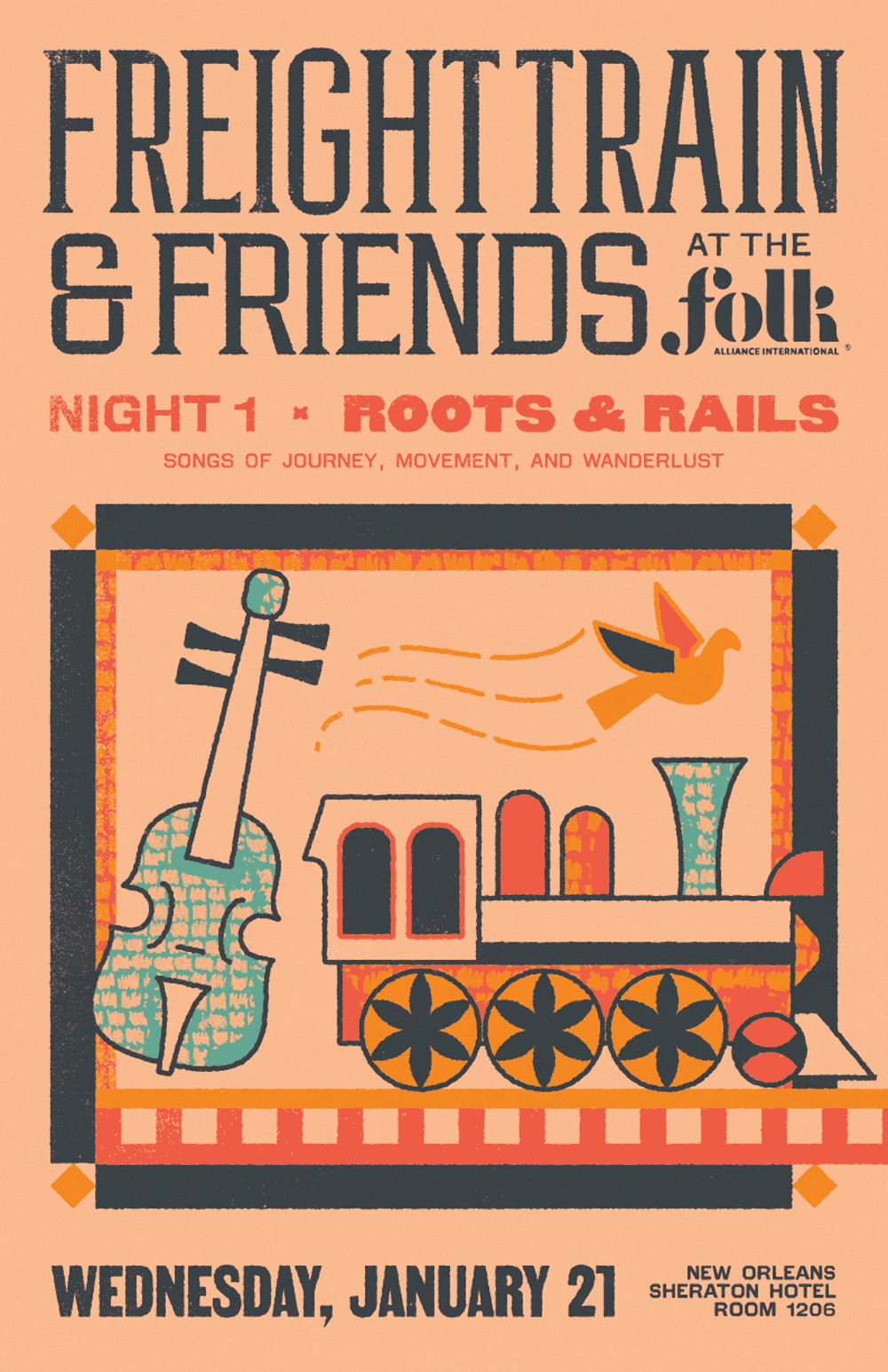 Poster designed for Freight Train’s Folk Alliance series.