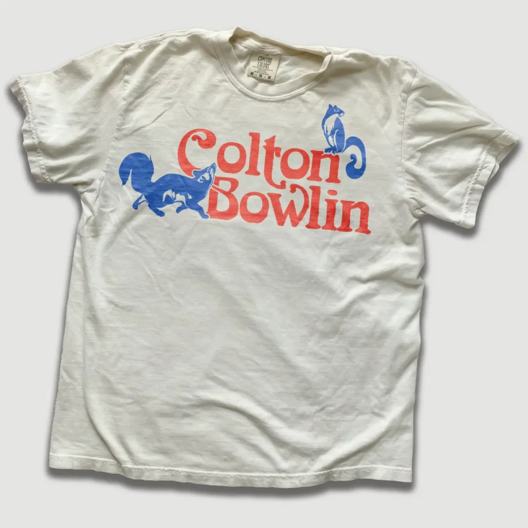 T-shirt with Colton Bowlin squirrel graphic design.
