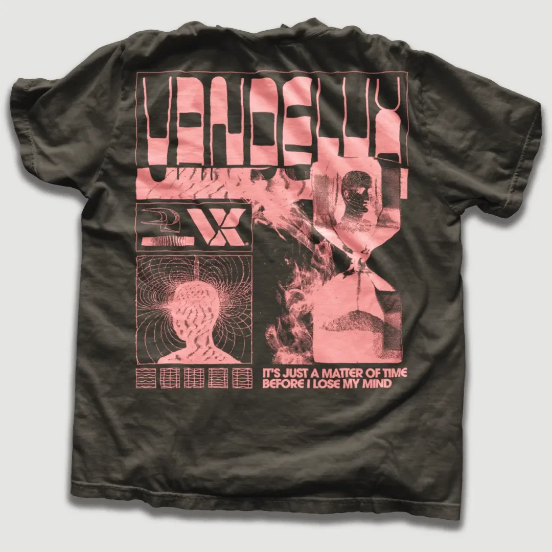 T-shirt with Vandelux “Matter of Time” graphic.