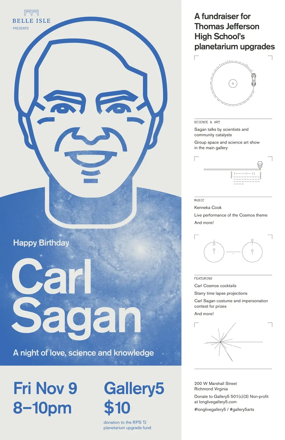 First Friday event poster designed for Carl Sagan.
