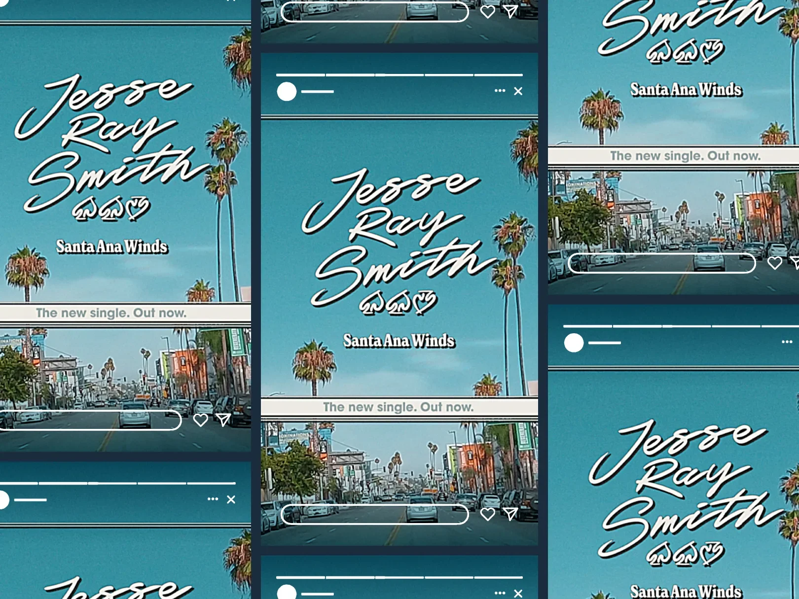 An Instagram story image promoting Jesse Ray Smith's new single in Santa Ana, featuring a background of palm trees, a street view with cars, and overlay text.