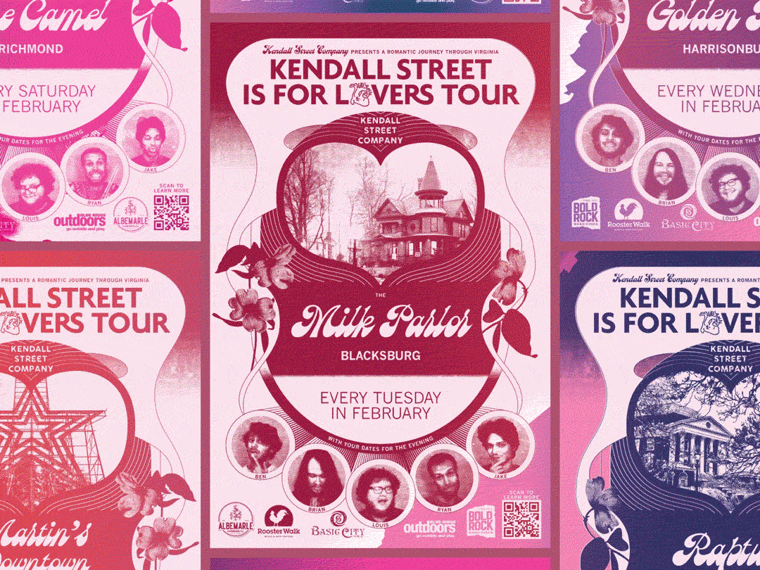 Collection of promotional posters for the Kendal Street Is For Lovers Tour, featuring dates and locations, with images of bands and venues, in pink and purple tones.