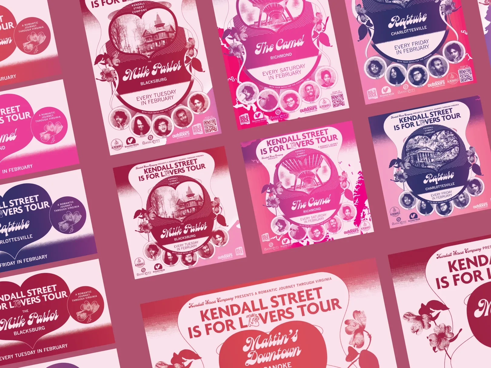 A collage of various posters promoting the Kendall Street Is For Lovers Tour, featuring different locations such as Blacksburg, Richmond, Charlottesville, and Downtown Martin's, with tour details, dates, and photos of performers, decorated with flora