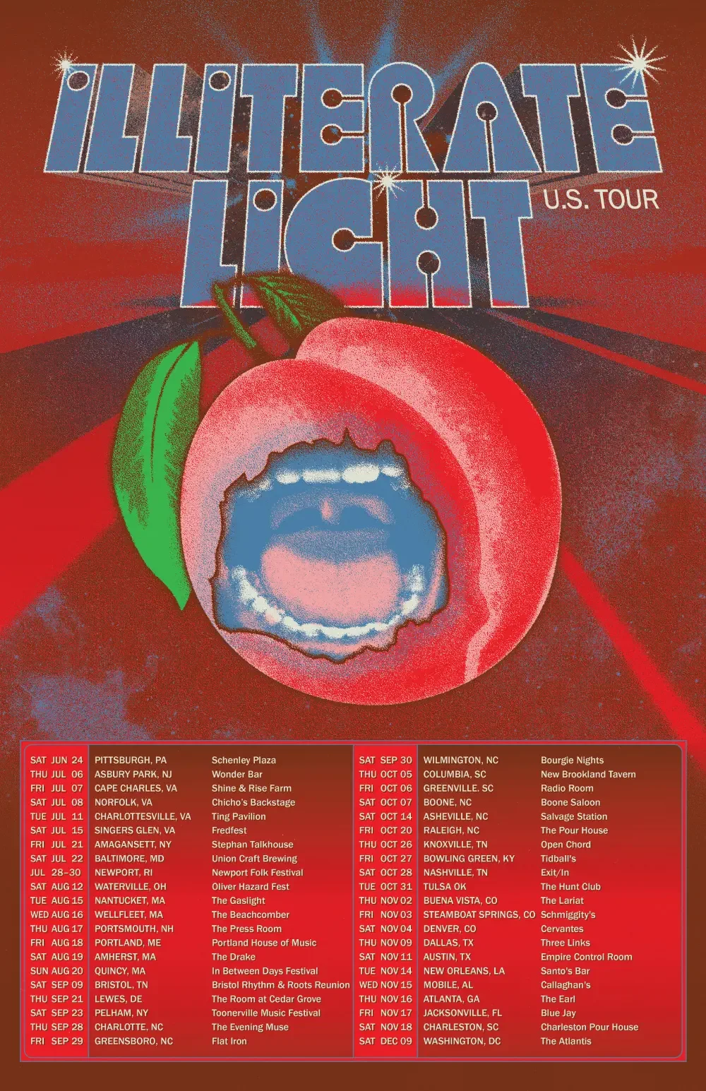 Tour poster designed for Illiterate Light.