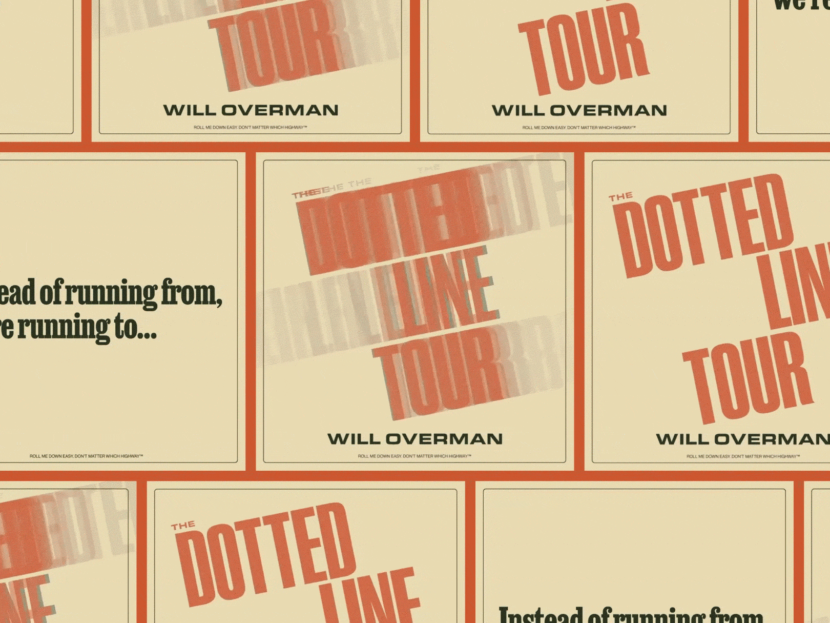 Multiple copies of album cover art for Will Overman's 'The Dotted Line Tour'