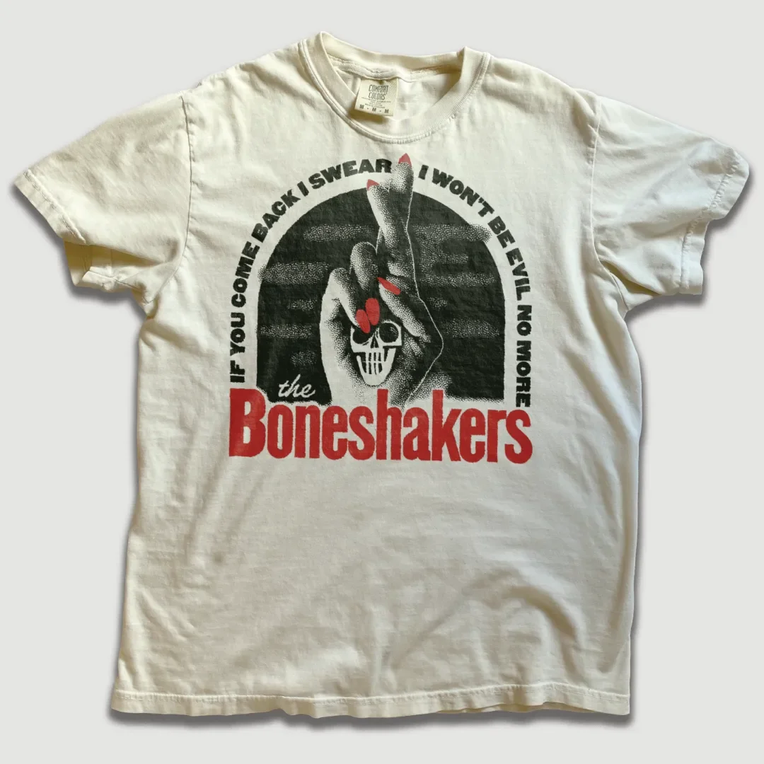 T-shirt featuring Boneshakers band graphic.