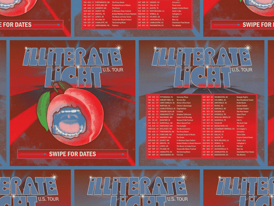 Concert tour poster with the title 'Illiterate Light U.S. Tour'. The poster features a red background with an illustration of a peach, with a blue mouth and teeth inside the peach. There are dates and locations of the tour listed on the right side of