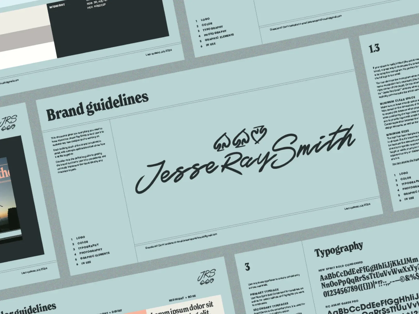 This image shows a project branding guideline document with the name Jesse Ray Smith written in stylized cursive font. The document includes sections for brand guidelines, typography, and various branding elements.