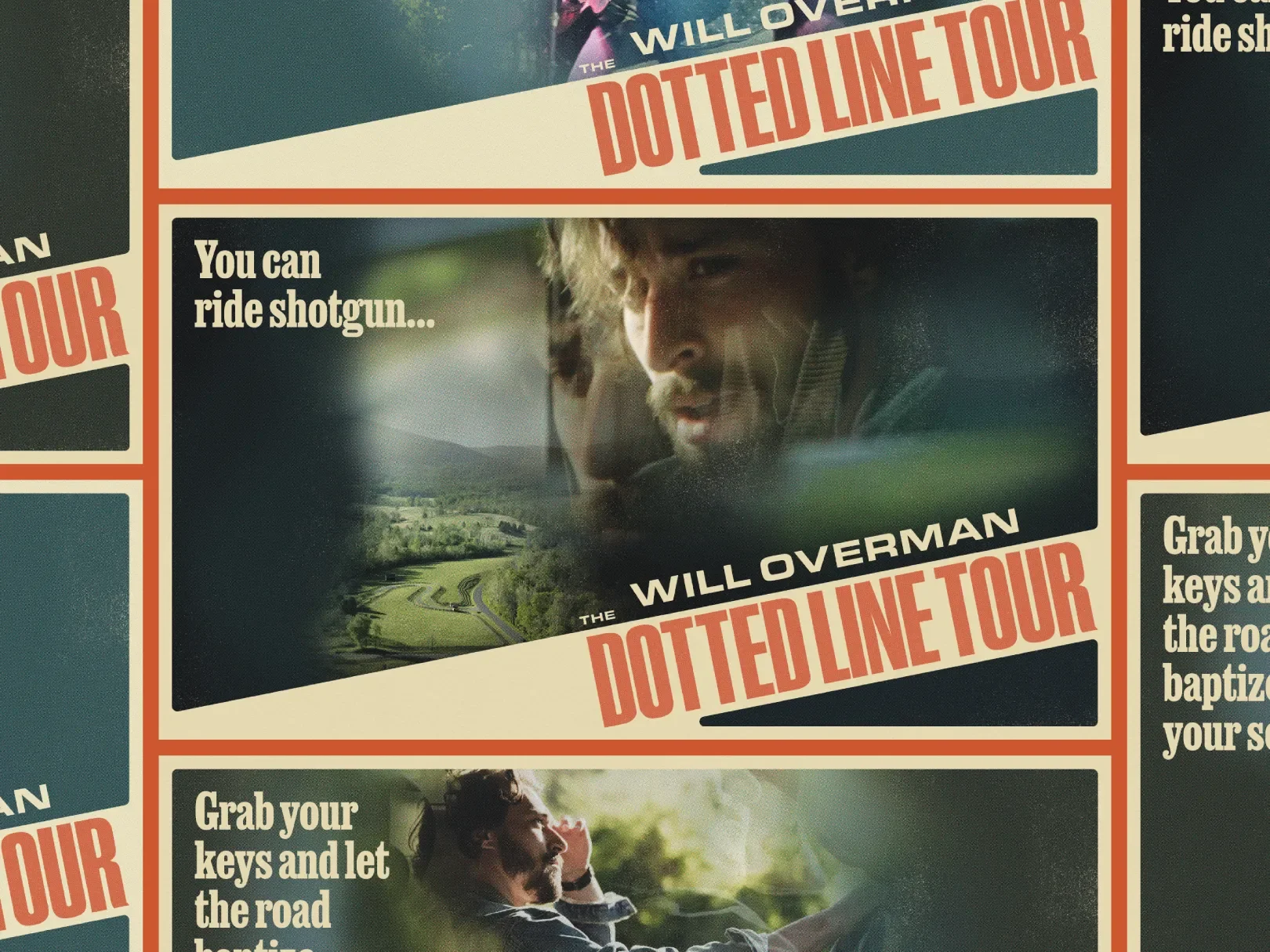 Poster advertising Will Overman's Dotted Line Tour, featuring a man with curly hair and a beard driving a car, with the text 'You can ride shotgun...' and scenic countryside background.