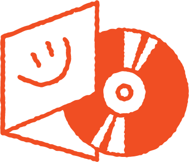 A red hand-drawn illustration of a computer monitor with a smiling face on the screen, connected to a CD or DVD.