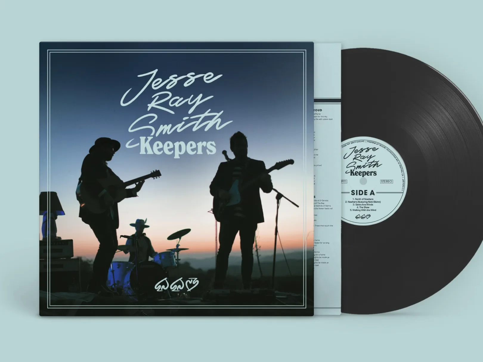 Vinyl record album cover titled "Keepers" by Jesse Ray Smith, featuring silhouettes of two musicians playing guitars and a drummer with a sunset background.