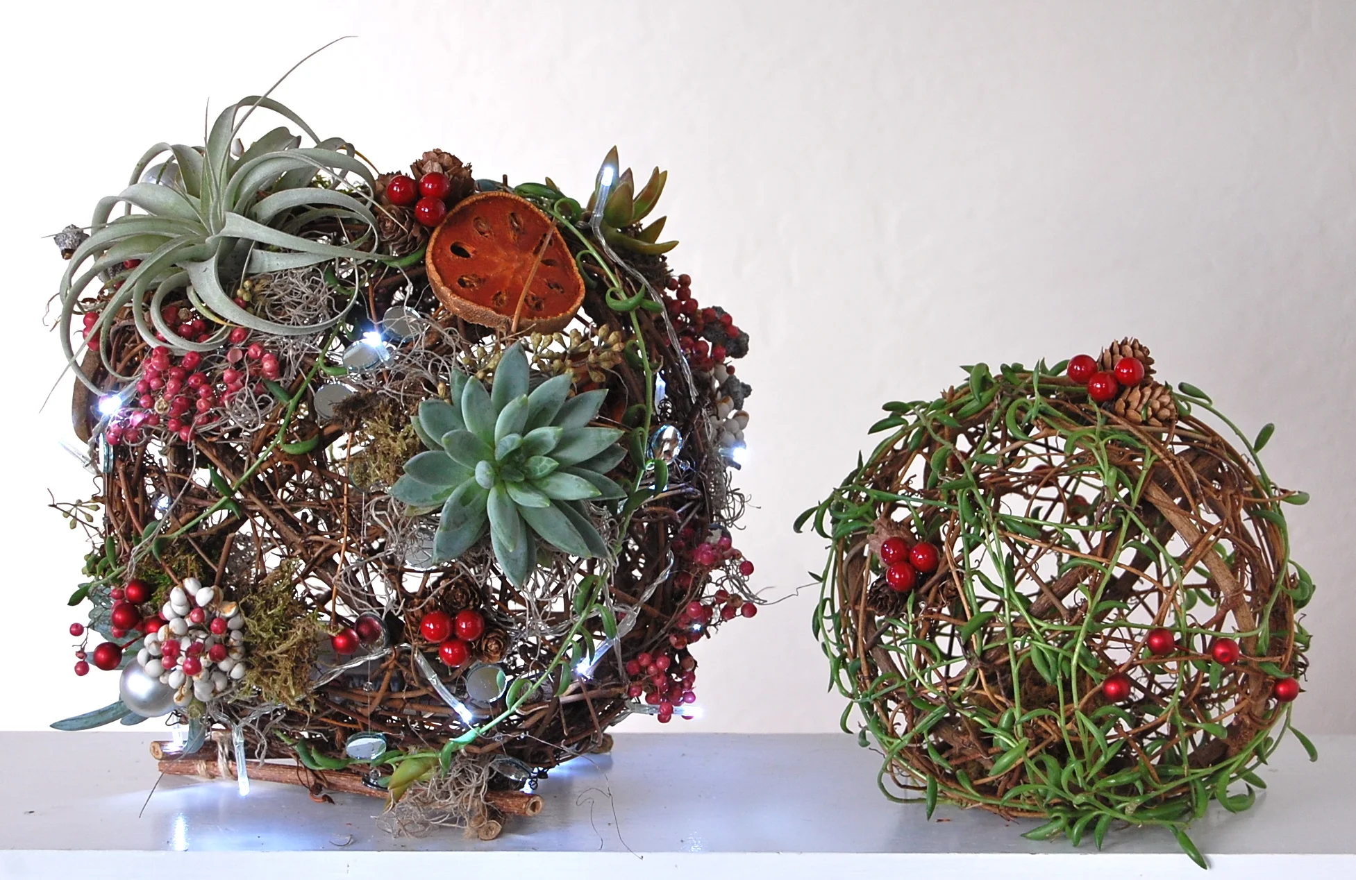TWIG ORBS - 10" & 8" 10" with LED lights, succulents and air plants– $110. / 8" with succulent trailer vines-- $40.
