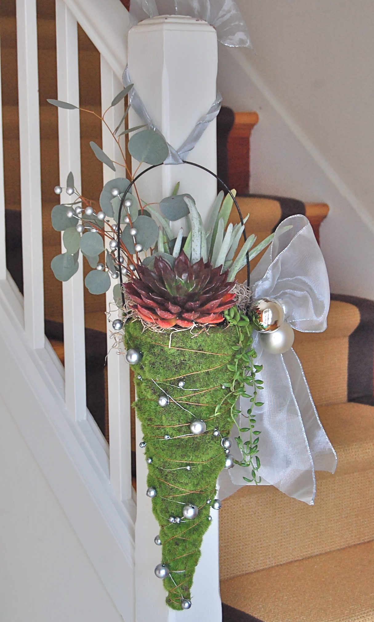 HANGING HOLIDAY MOSS CONE (for banister,door, outside) (sold out)