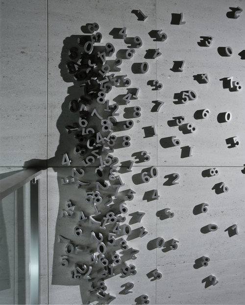 CITY VIEW (detail) 2003 H250, W500, D5 cm Aluminum numbers, single light source, shadow Permanent Collection Namba Parks Tower, Osaka, Japan.