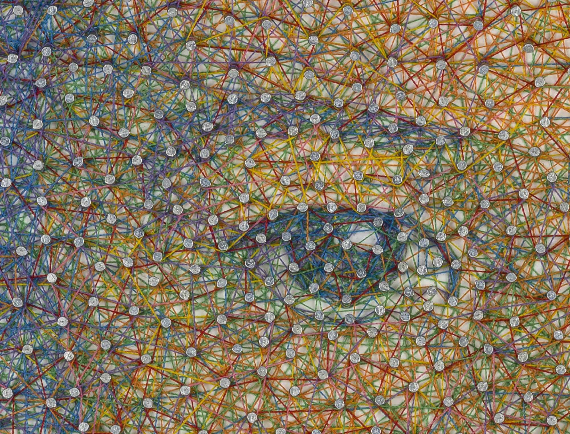 STRINGS (detail) 2016 H40, W30, D3 cm Wood panel, brads, seven colored threads