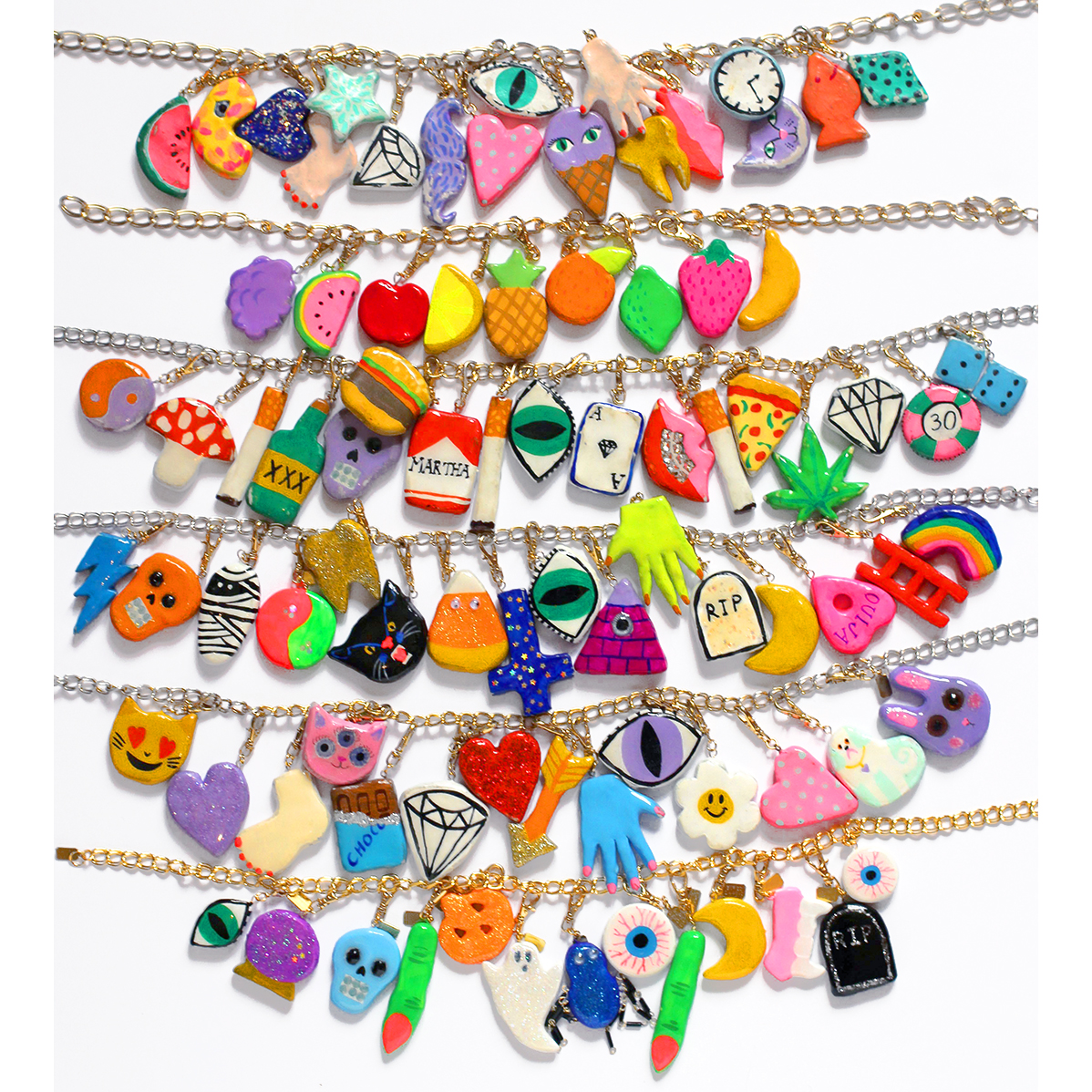 I have six charm necklaces, with 76 charms! 2 charms are miniature, and 17 are one of a kind.