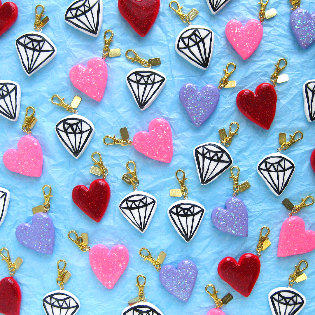 Diamond & glittering heart charms.