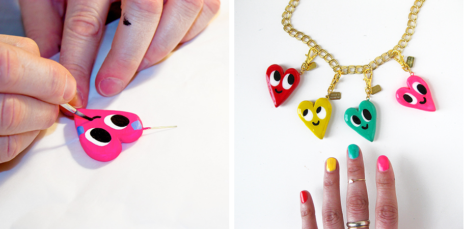 Left: Chris adding faces to the charms. Right: finished charms are ready for your chain!