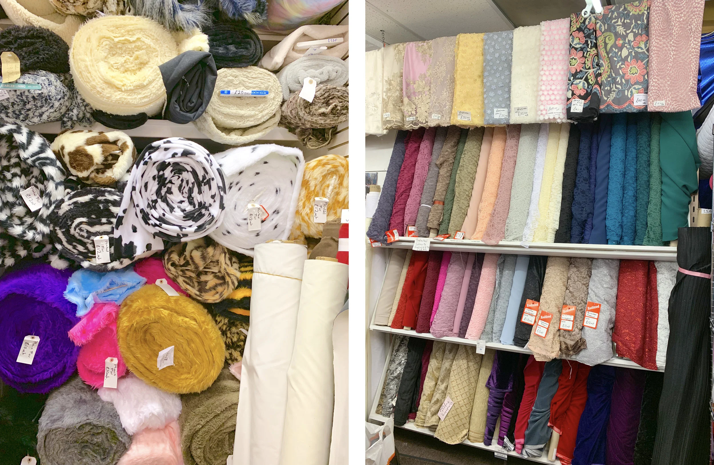 Faux furs piled high, and rolls of lace, velvet, and special occasion fabrics.