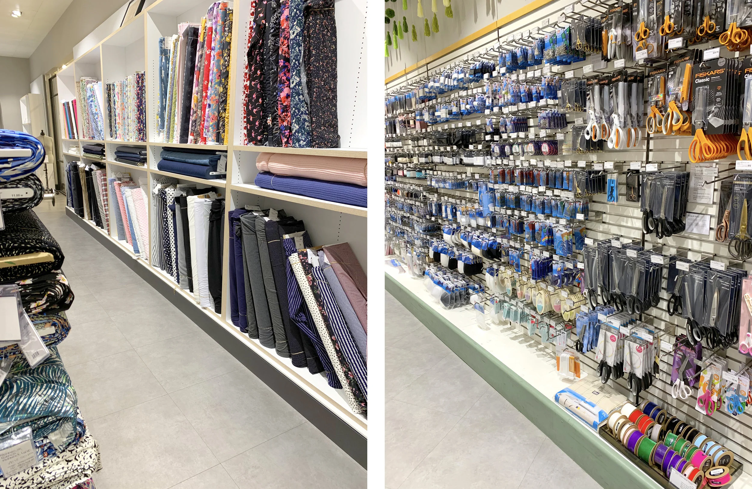 The fabric selection is small, but the assortment of notions, tools, and bits & bobs is comprehensive.