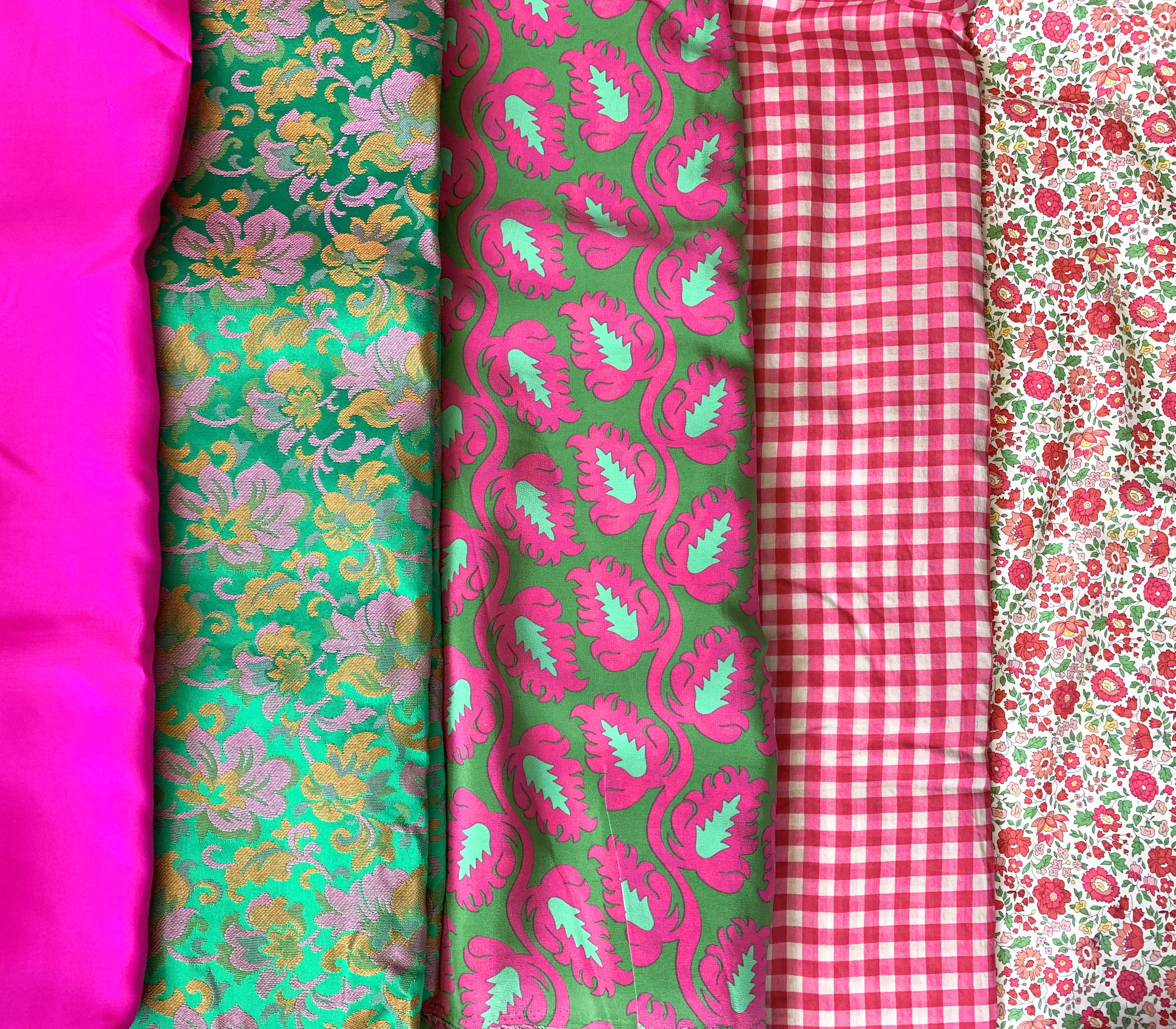 It all comes together! From left to right: silk habutai from my local discount shop, vintage brocade from a yard sale at least 10 years ago, silk CDC from a small shop in the NYC Garment District, Marc Jacobs printed plaid silk/cotton lawn from Mood Fabrics in NYC, and Liberty Tana cotton lawn.