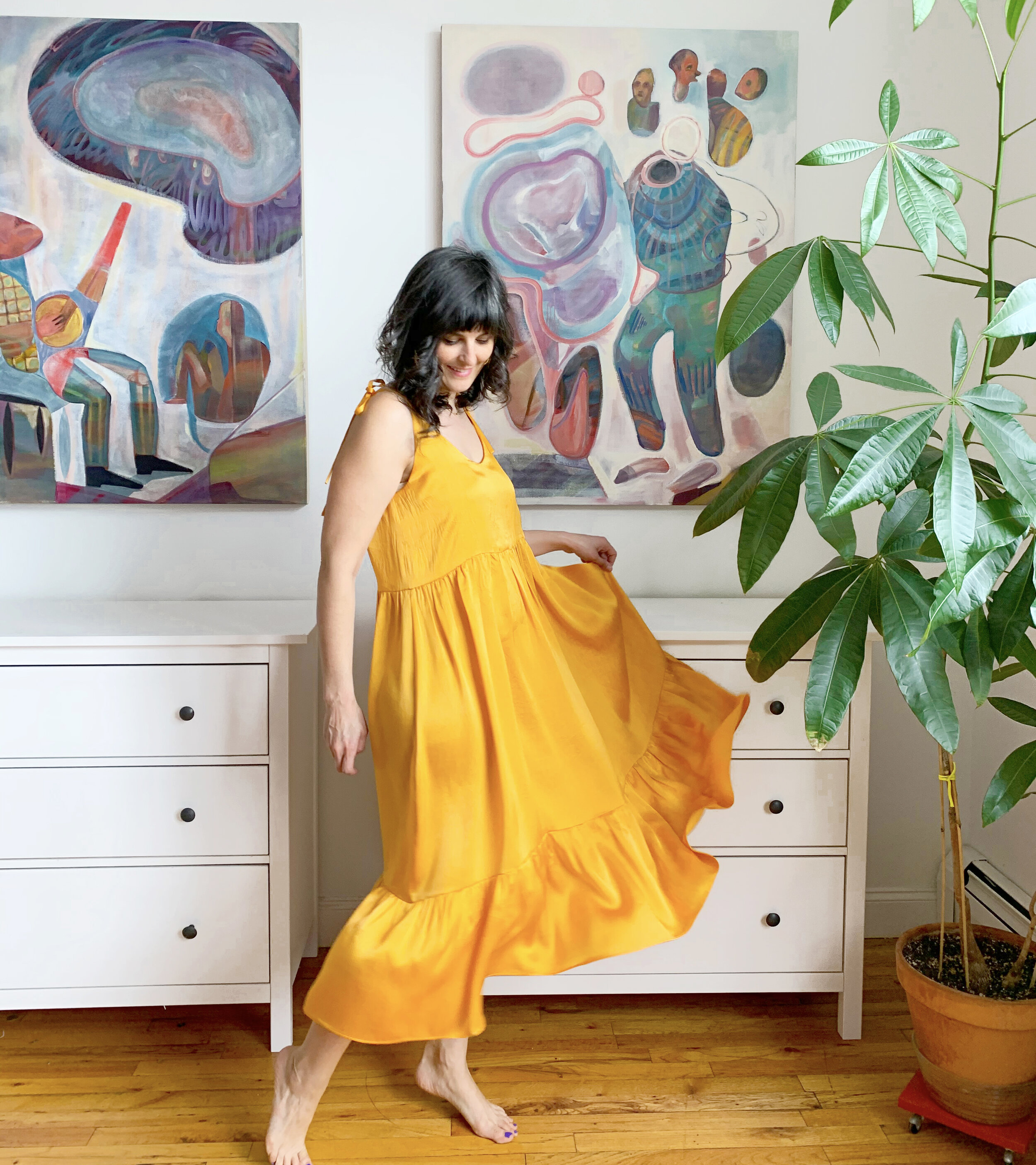 AN OPTIMISTIC DRESS: SAFFRON SILK CHARMEUSE TRUE BIAS OGDEN CAMI DRESS —  BURIED DIAMOND