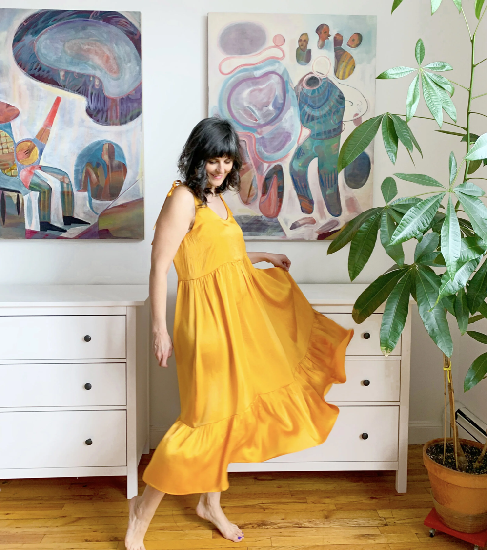 AN OPTIMISTIC DRESS: SAFFRON SILK CHARMEUSE TRUE BIAS OGDEN CAMI DRESS