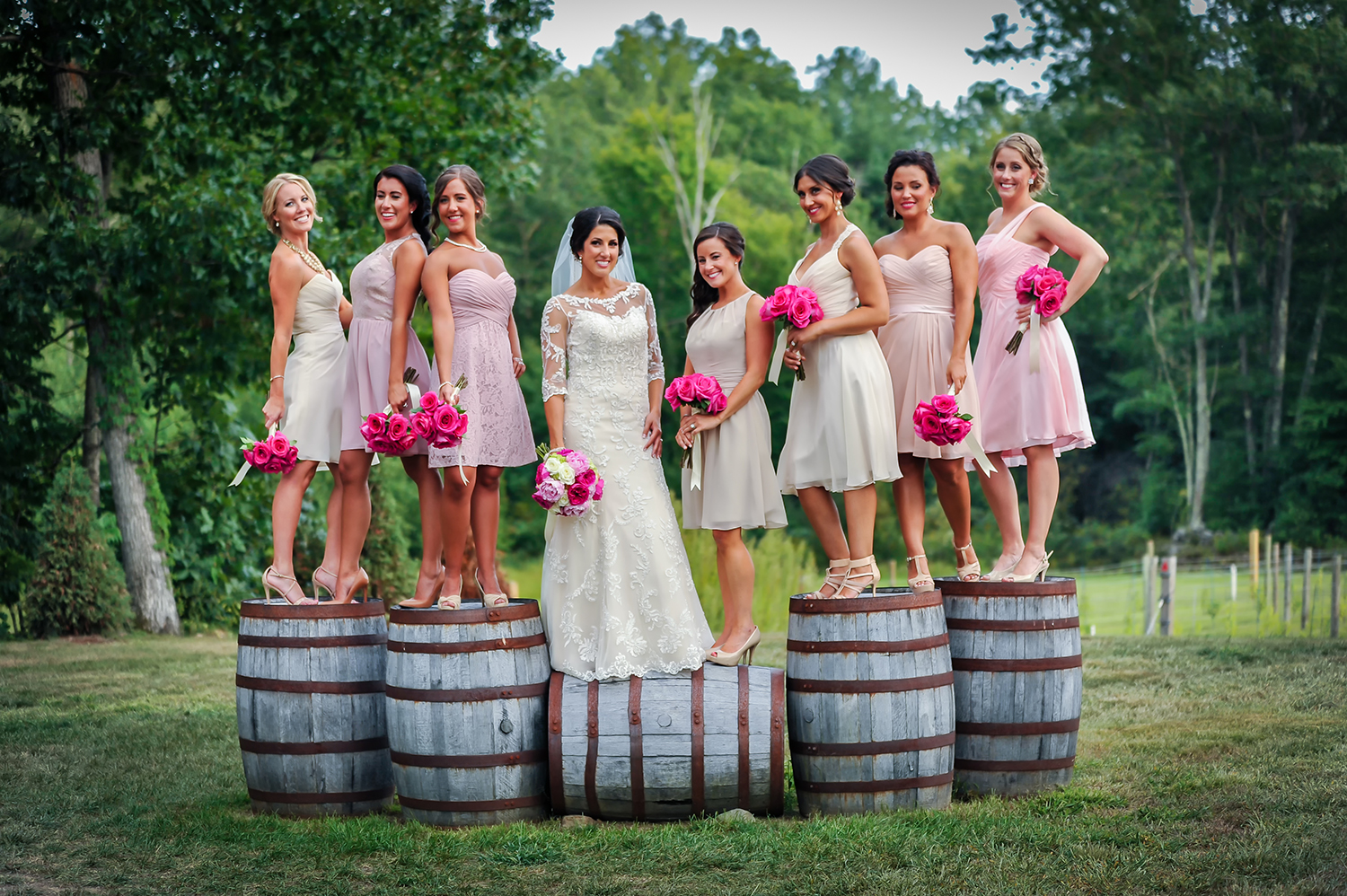 Bridesmaids on barrels at Zorvino Vineyards, Sandown, NH