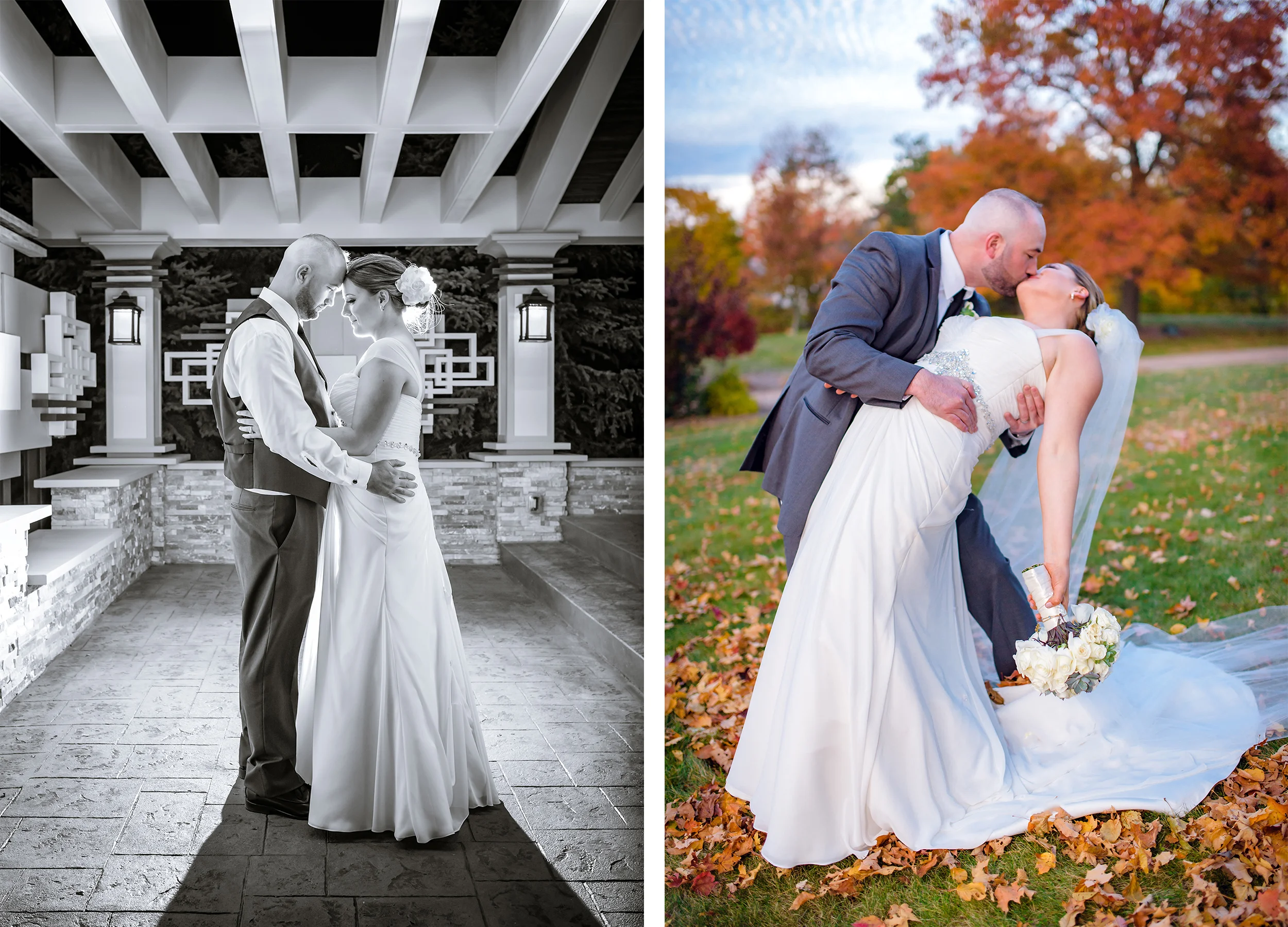 Bride and groom share a moment at fall wedding outside at Tiffany Ballroom
