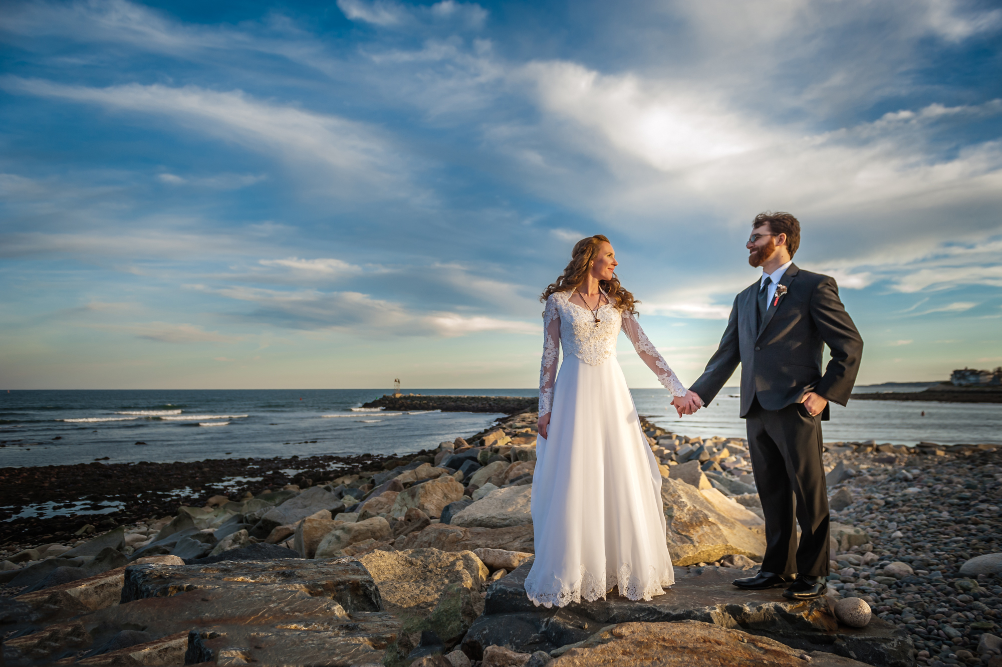 Bride and Groom at Scituate Beach Lighthouse, Scituate, MA