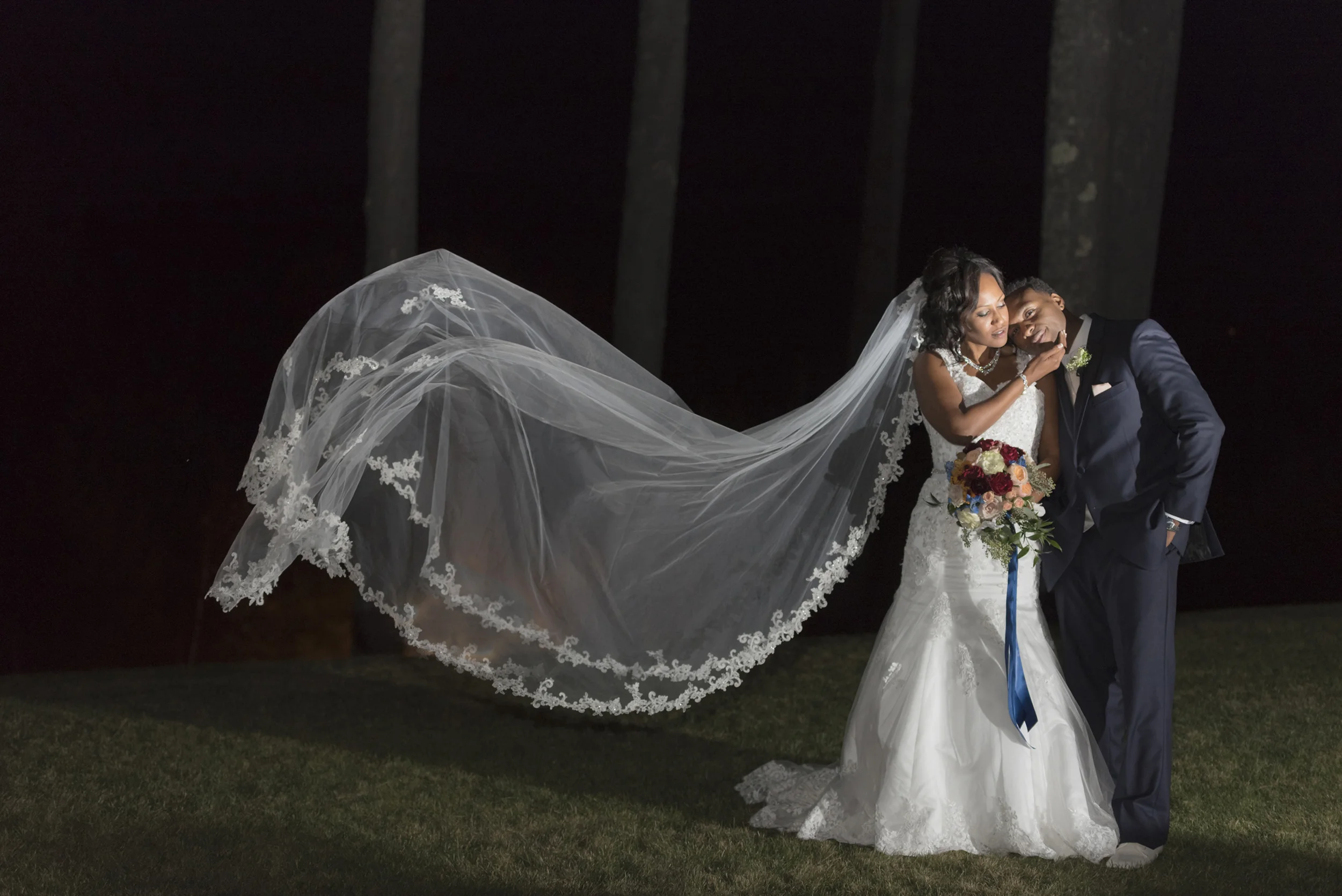 Night photography of bride and groom, fall wedding in North Conway, NH, White Mountain Resort