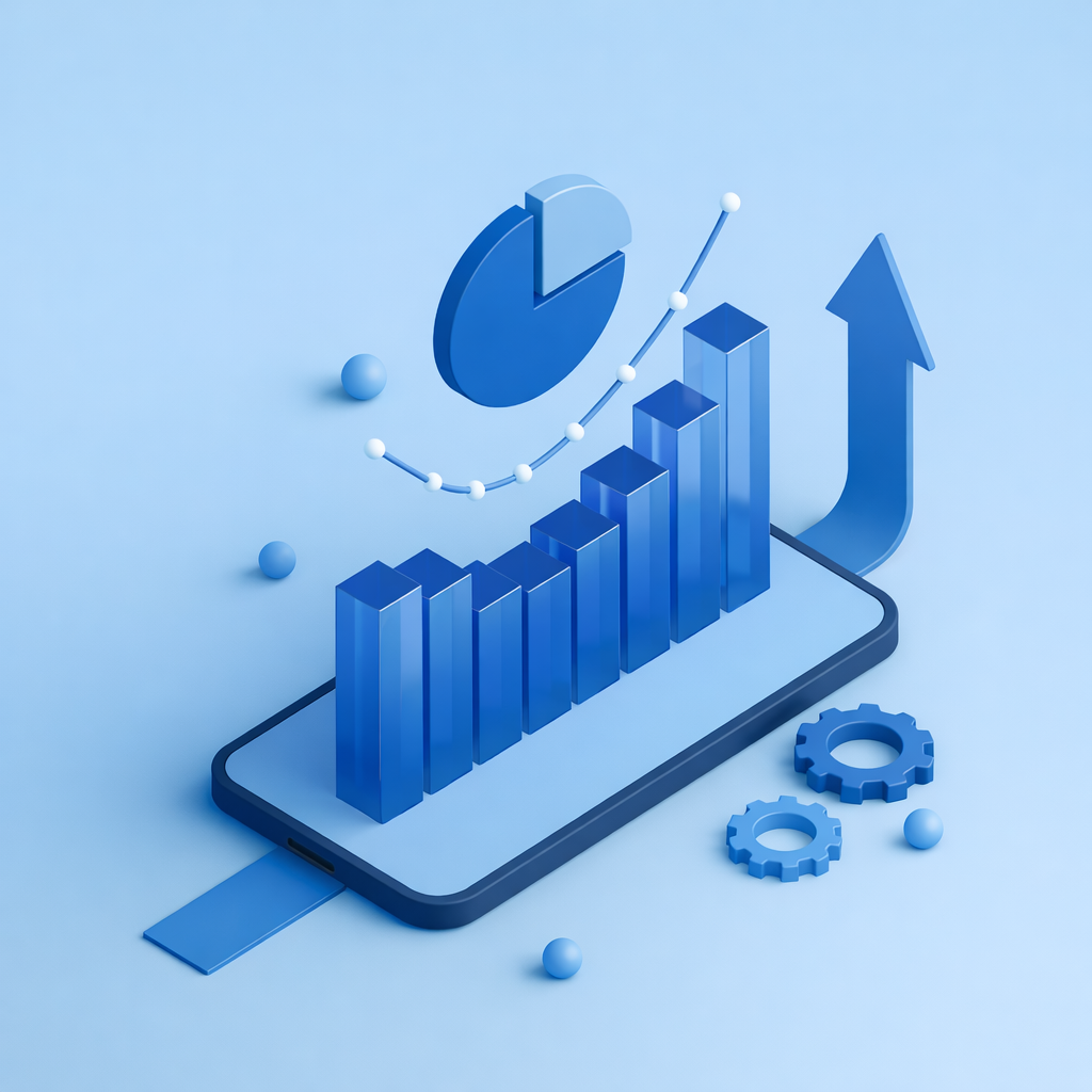 A digital illustration of a growing bar chart, a pie chart, and an upward arrow emerging from a smartphone, symbolizing data growth and analytics.