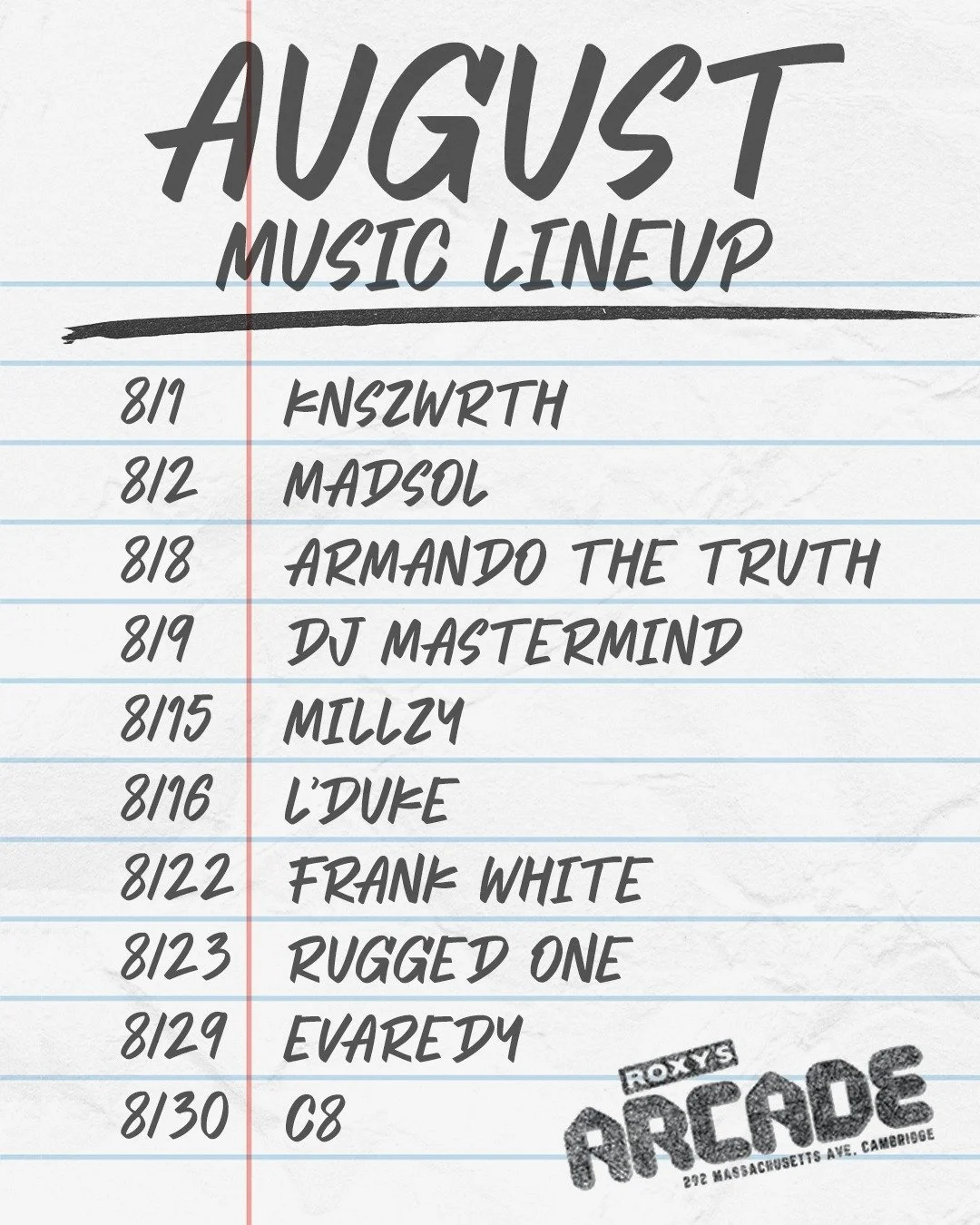 Back to school and back to the beats. When class lets out, Roxy&rsquo;s turns up with your after-class study jams 🕹️🎶

8/1 - Knszwrth
8/2 - Madsol
8/8 - Armando The Truth
8/9 - DJ Mastermind
8/15 - Millzy
8/16 - L&rsquo;Duke
8/22 - Frank White
8/23