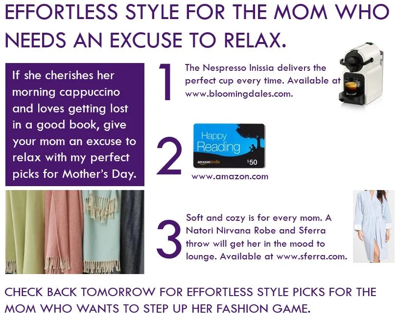 Nespresso Inissia, $129 at nespresso.com, available in 7 fun colors that she'll want to wake up to; Amazon Kindle gift card; Natori Nirvana Robe, $59; Sferra Celine Throw, $90