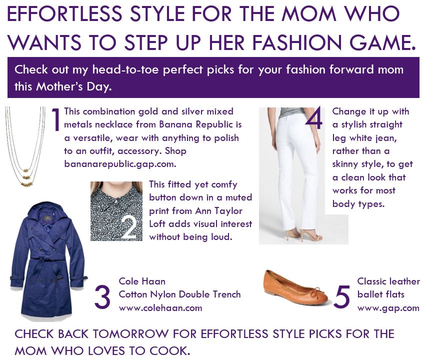 Necklace, $49.50; Printed Blouse, $44.99; Trench, $199.65; Straight Leg Jeans, $44.50; Ballet Flats, $39.95