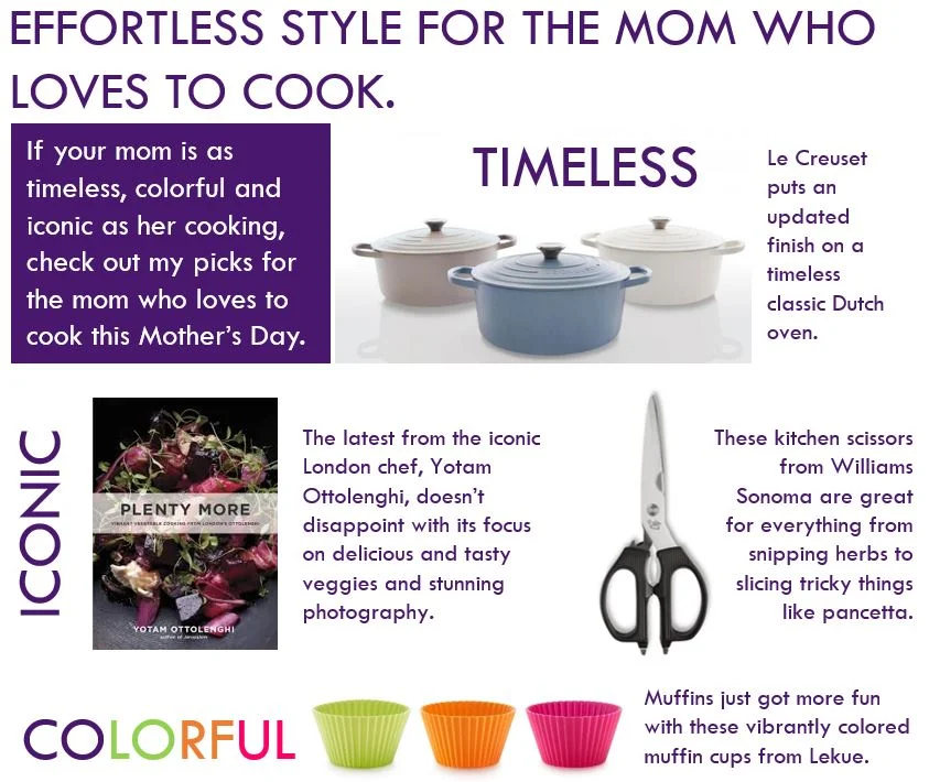 Le Creuset Matte Dutch Ovens, starting at $85; Plenty More, $21; Zwillings Kitchen Scissors, $20; Lekue Muffin Cups, set of 6, $10