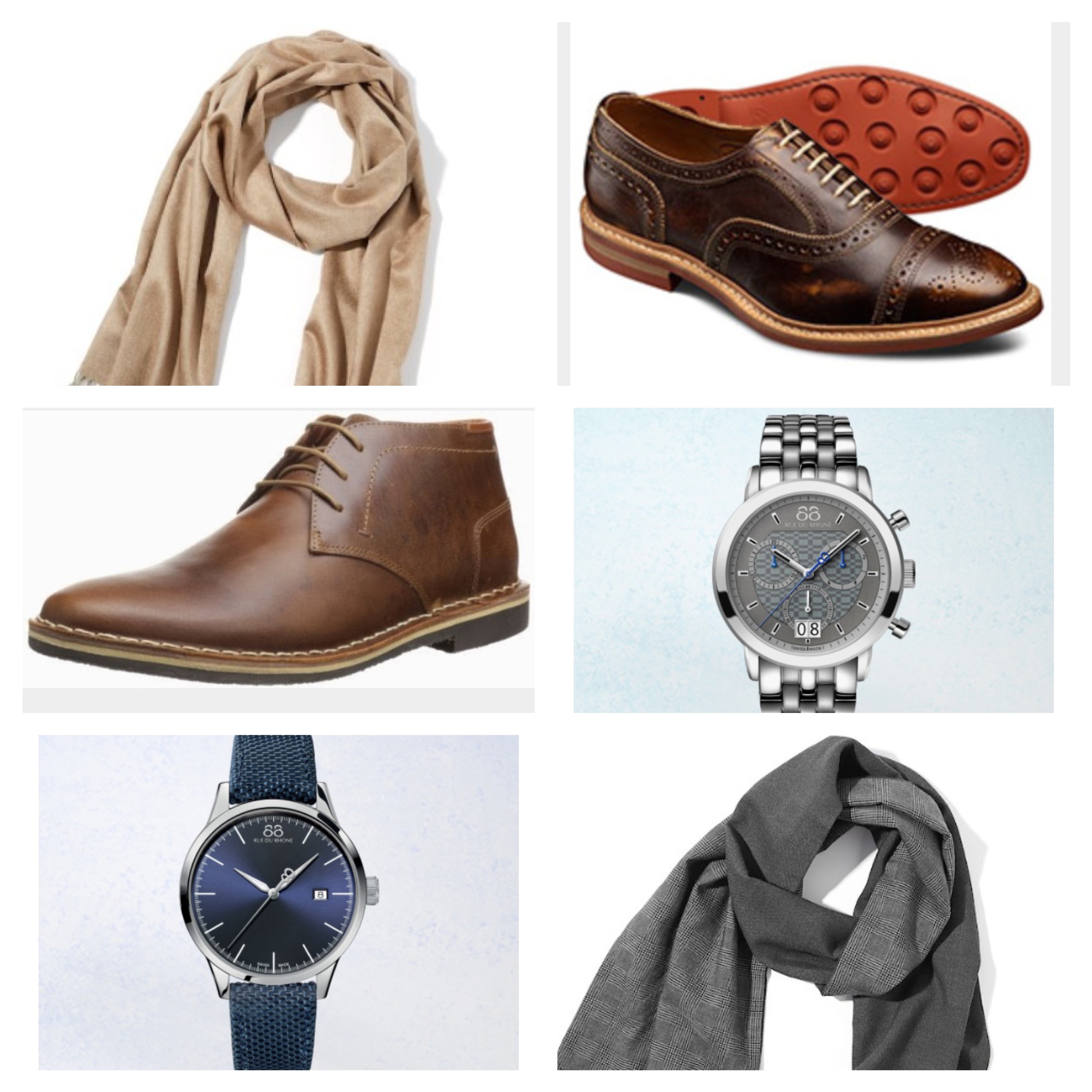 Row 1:&nbsp;Silk Solid Scarf,&nbsp;Allen Edmonds Strandmok Oxford; Row 2:&nbsp;Steve Madden Harken Chukka Boot,&nbsp;88 Rue de Rhone watch; Row 3:&nbsp;88 Rue de Rhone 45mm Quarttz Chrono watch,&nbsp;Grey Tonal Scarf