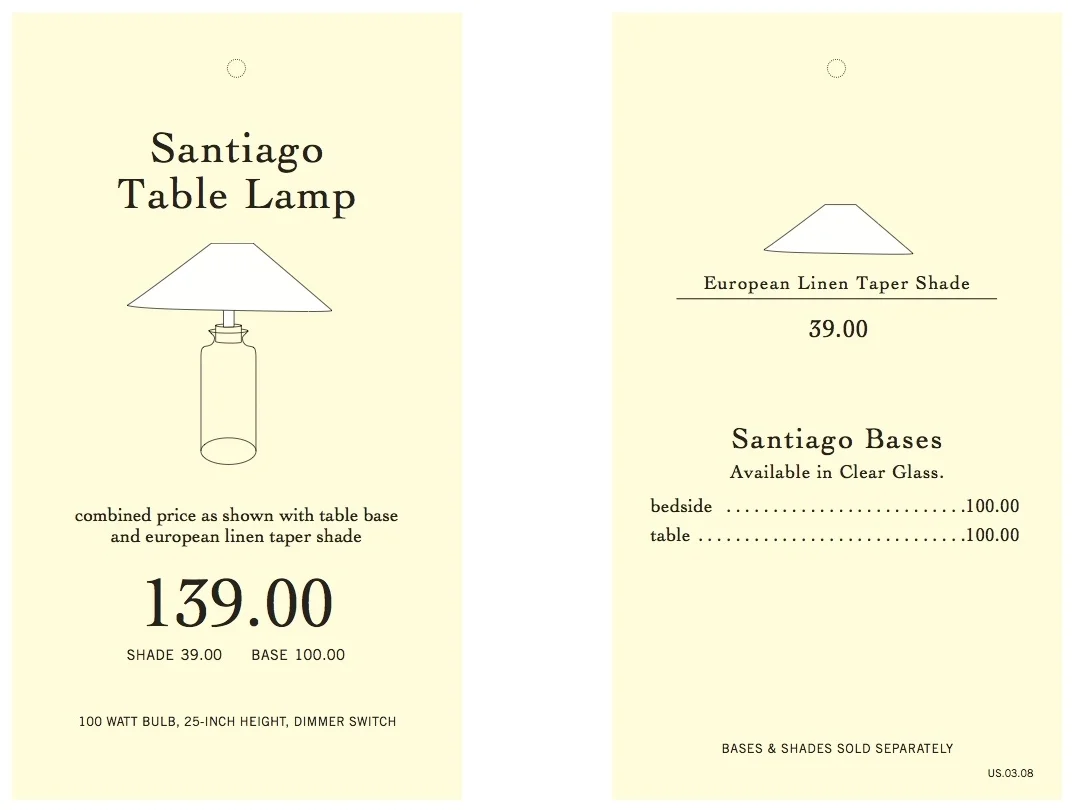 I created hangtags for Pottery Barn's lamp collection.