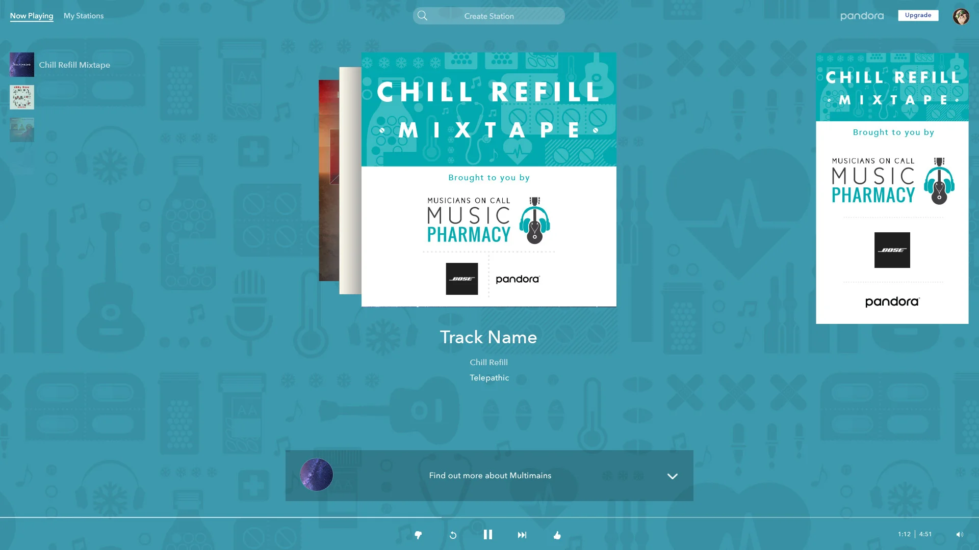 I created this pattern to distinguish, yet give specific personalities to the set of mix-tapes for Musicians on Call. Each set shares the same pharmacy themes but also has 2-3 standout icons to represent its specific collection: chill refill, dose of joy, prescriptions strength and stars & stripes. 
