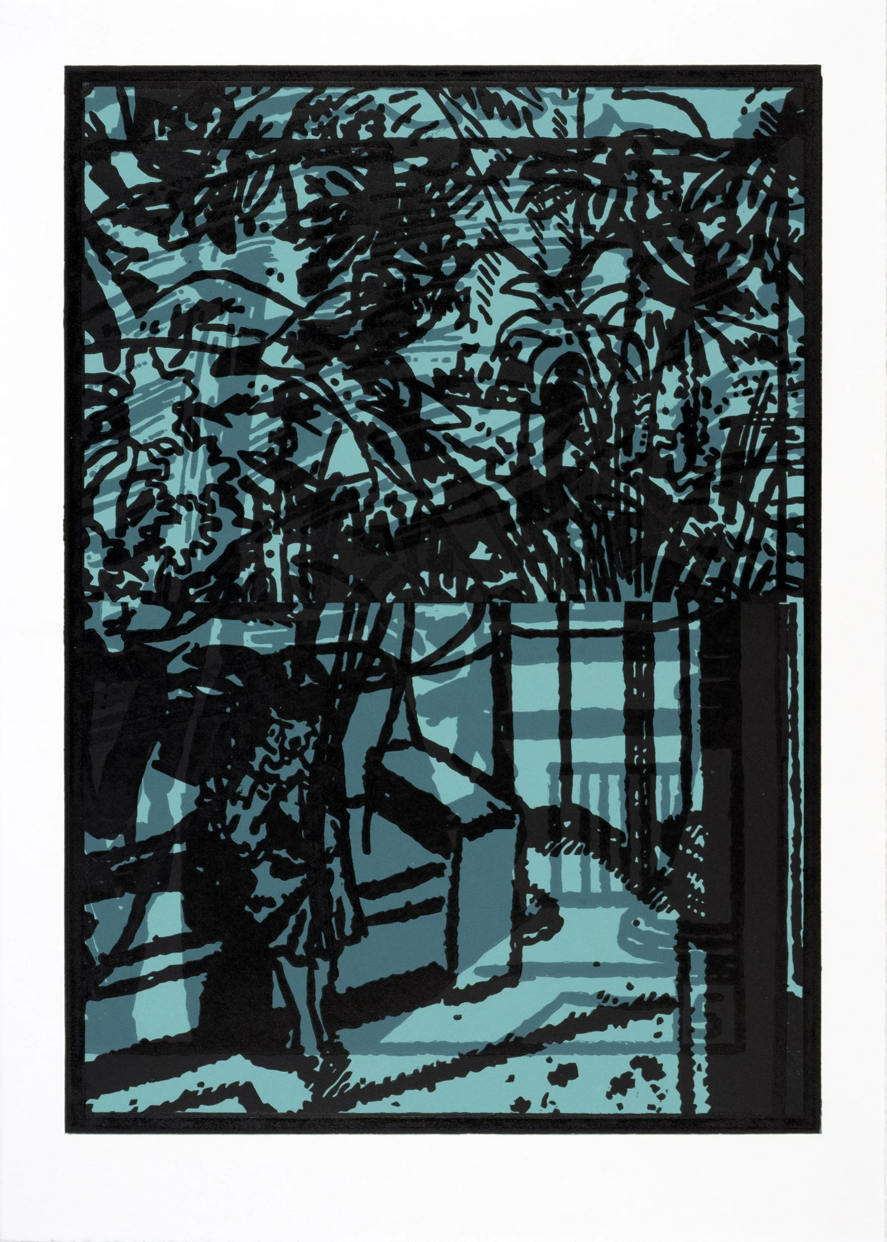 The Redhead & Formula X, 2024, color woodcut, 28 x 20 inches