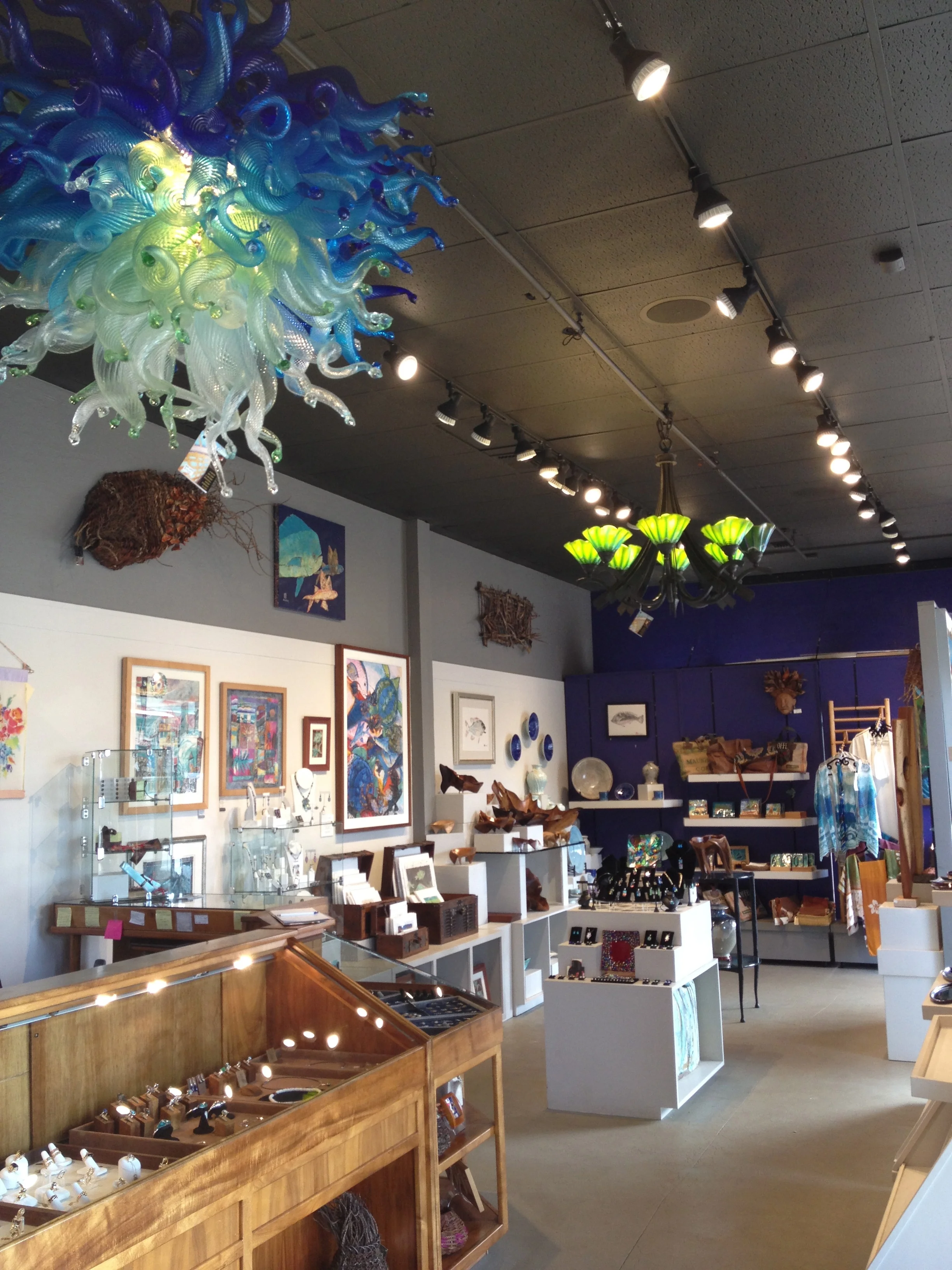 Maui Crafts Guild at the intersection in beautiful downtown Paia, in paradise, Maui, hawaii. shown here chandeliers by rick strini 2014