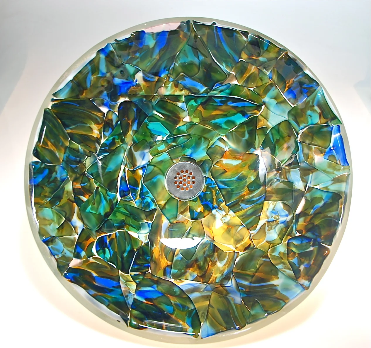 All new Vessel Sink with Adventures in Paradize glass mosaic of recycled blown elements.