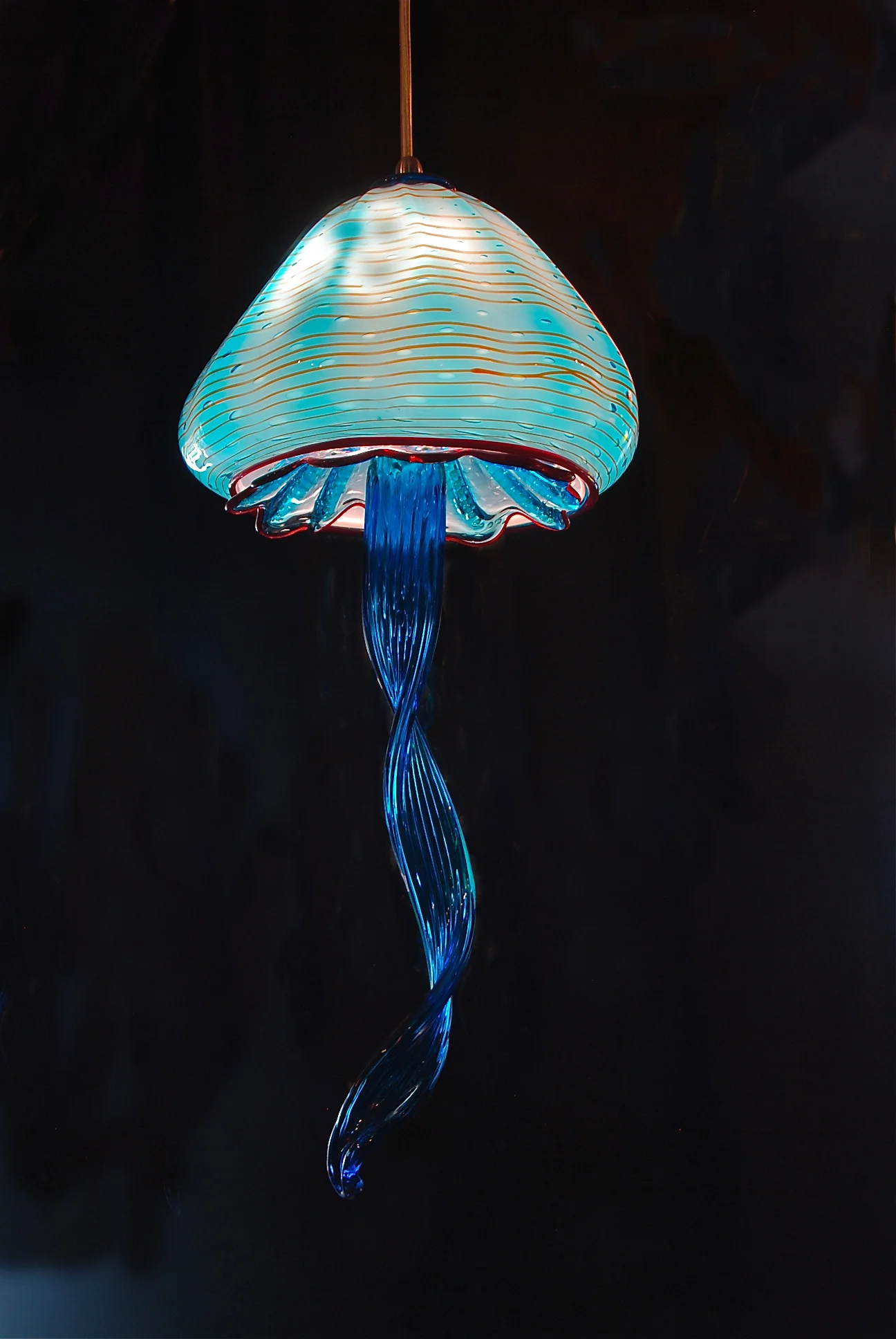 Jelly Fish Pendant Lamp, Turquoise with Ruby Lip, jelly apron, single tentacle. satin nickel canopy, Hart Lighting, glass by Rick Strini 2015 "for sale"