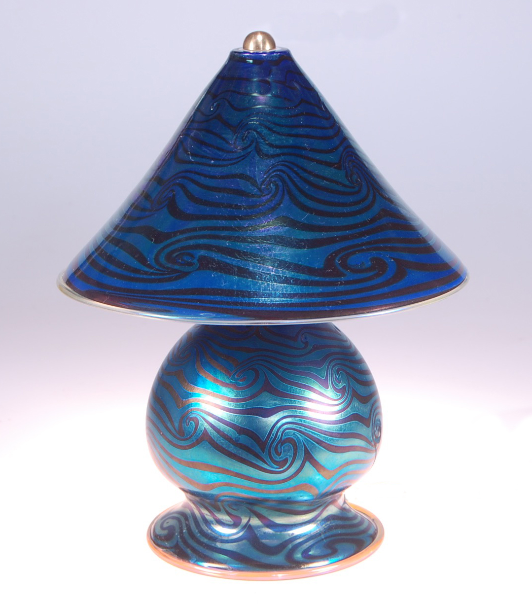 Blue Luster Gem Lamp, 9.5" wide x 12" tall, Hand decorated Wave pattern, Illuminated within base and canopy, 110v. candelabra sockets and bulbs. For Sale. strini art glass. 2016