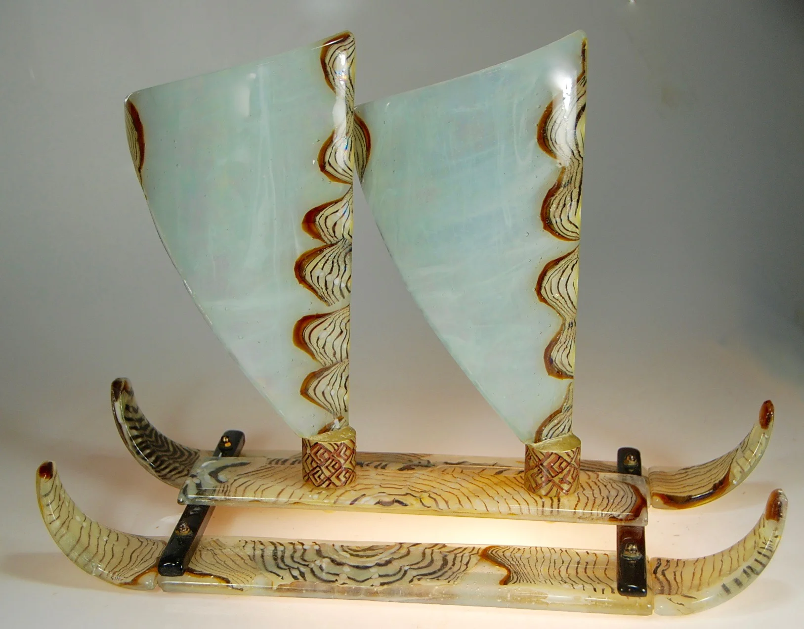 24" long x 10" wide x18" tall double sails fused, blown, and slumped glass by rick strini 2016FOR SALE NOW. Inquire. 808 5726283 or rick@striniartglass.com