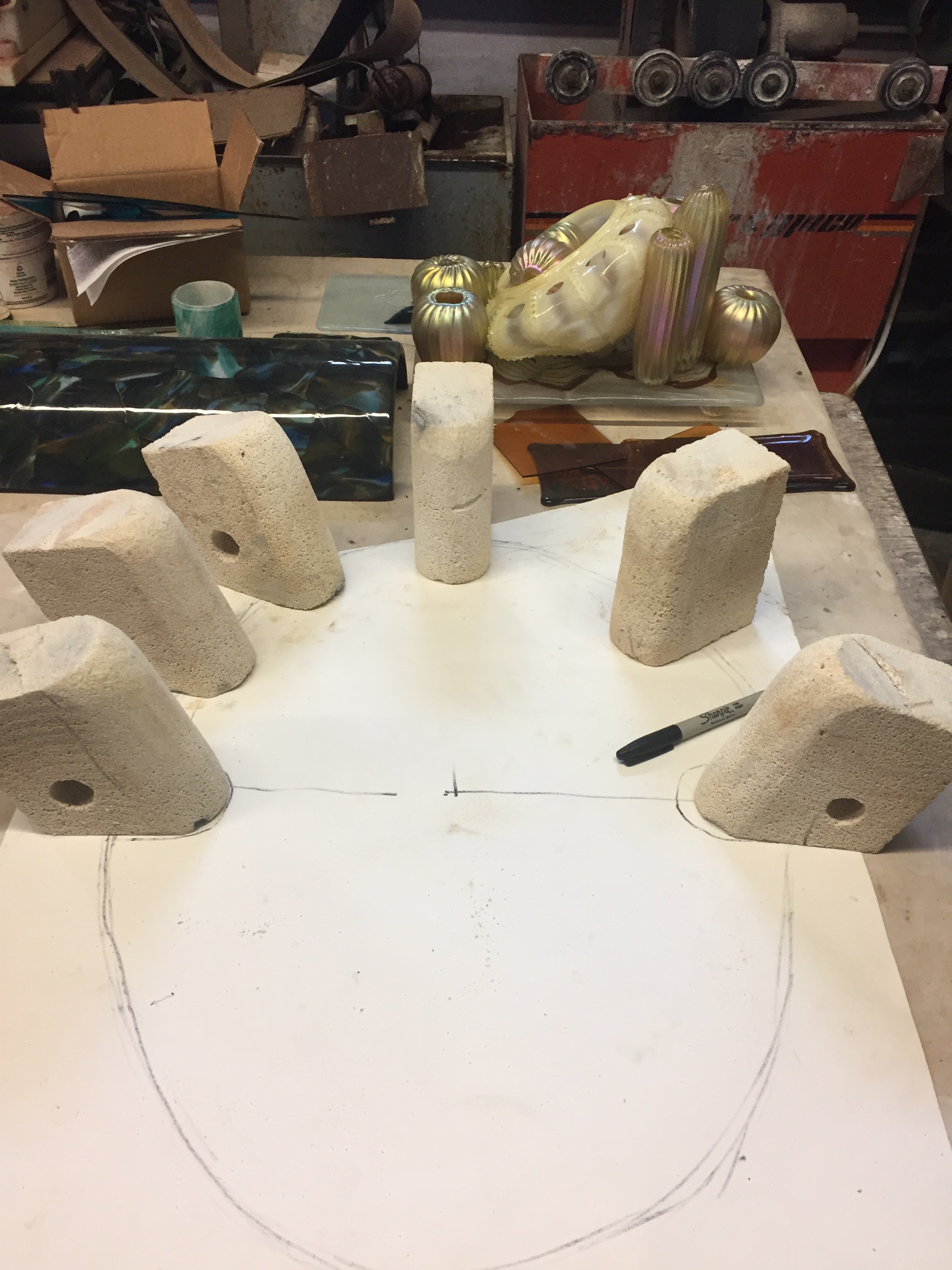 During the next couple of days I will be sharing a new mold idea to create a ruffle bowl fora client. from this image, the drawing of the oval shape, sculpting the soft brick to allow the glass to slump into the shape and create ruffles.