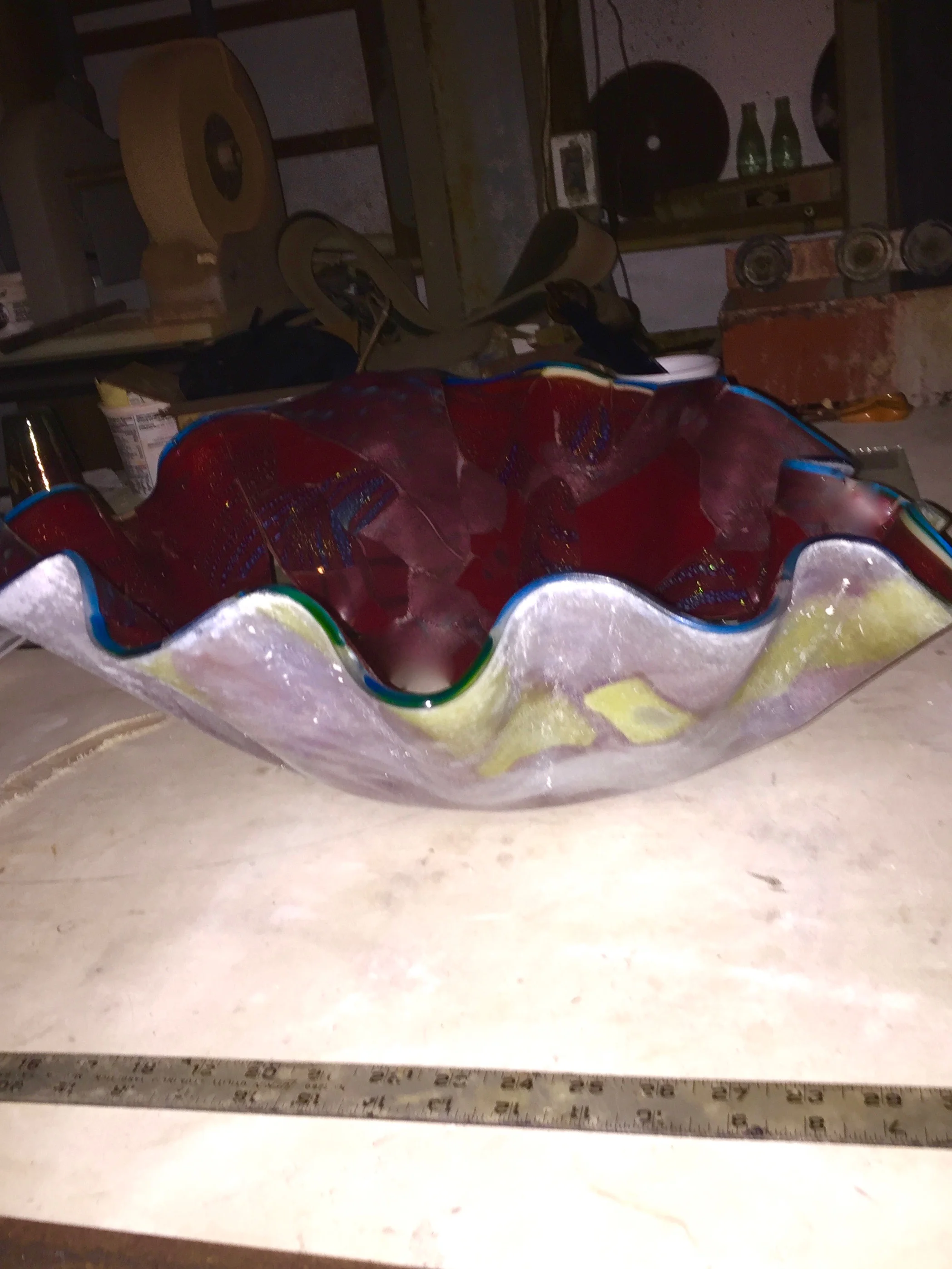 this is the first test of the mold I made for the ruffle bowl. another test is in the kiln now. Fused and slumped glass. Strini Art Glass. 
