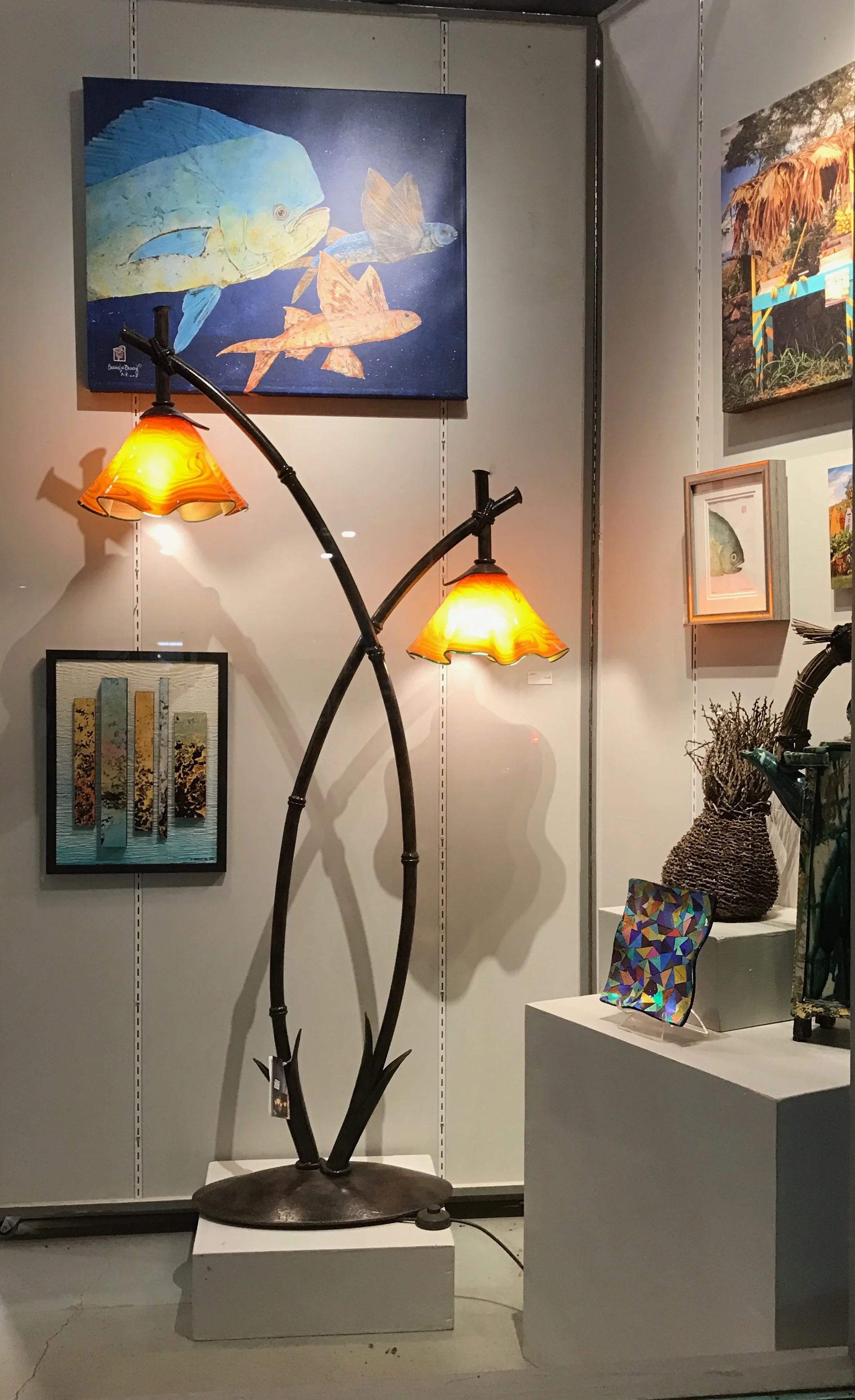 new display in Maui Crafts Guild with the Double Bamboo artistically hand forged iron andStrini Art Glass blown glass shades.